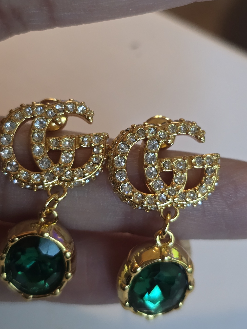 Gucci 18kgpGold-Tone Earrings with Emerald Green Gem Drops - Picture 5 of 8